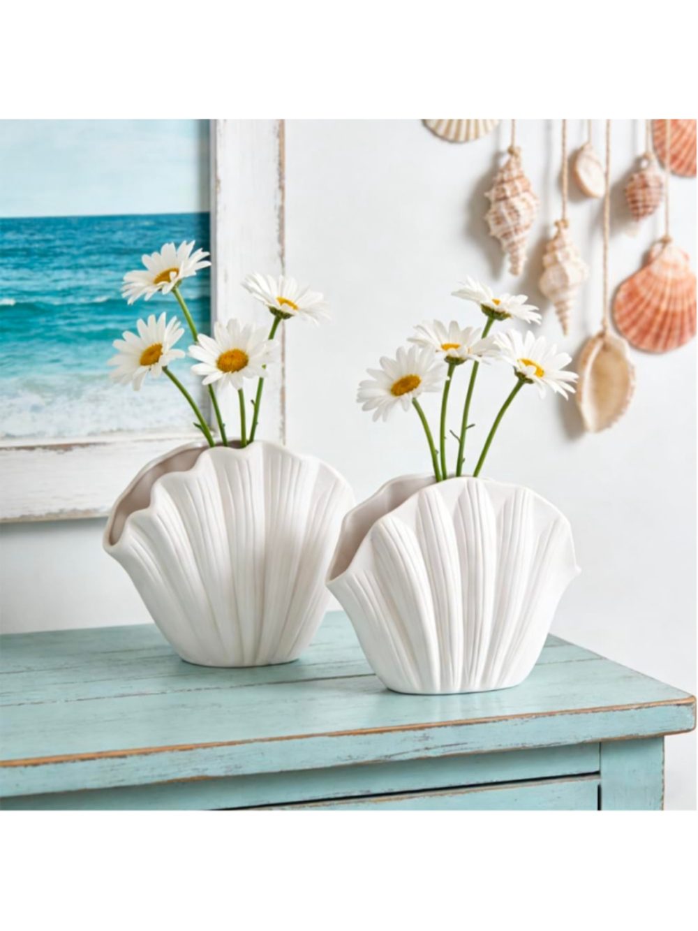 Seashell Vase Set of 2, Ivory White Matte Ceramic Sea Shell Vases